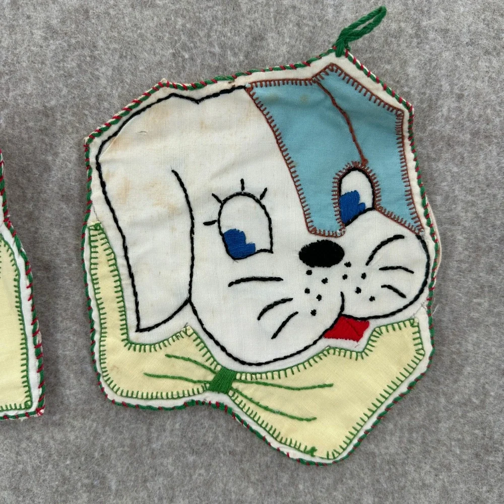 VTG Lightweight Potholders Vintage Cat Dog Embroidered Handmade Decor
